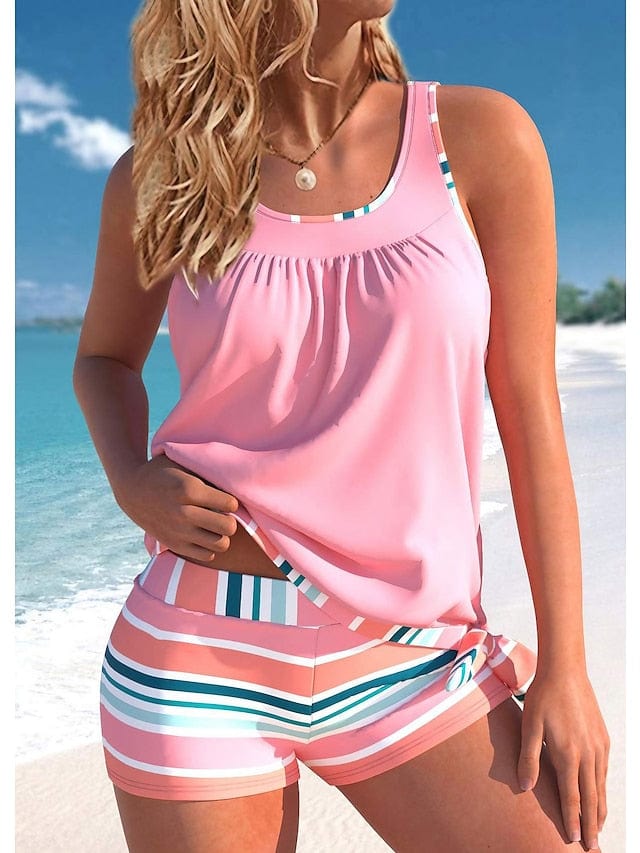 Striped Pink Tankini Swimsuit Set for Women