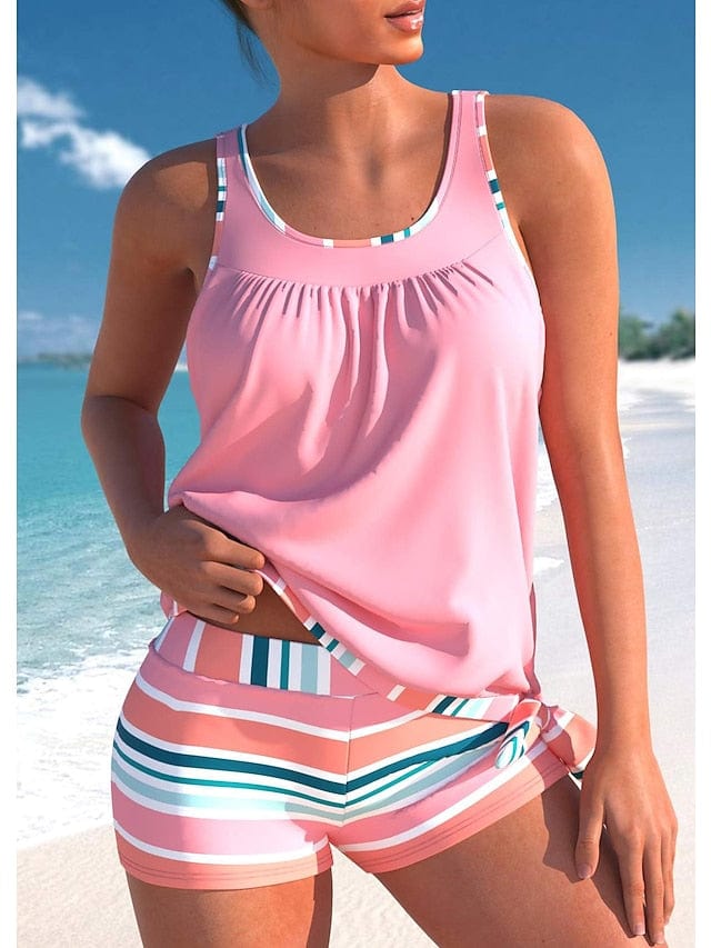 Striped Pink Tankini Swimsuit Set for Women