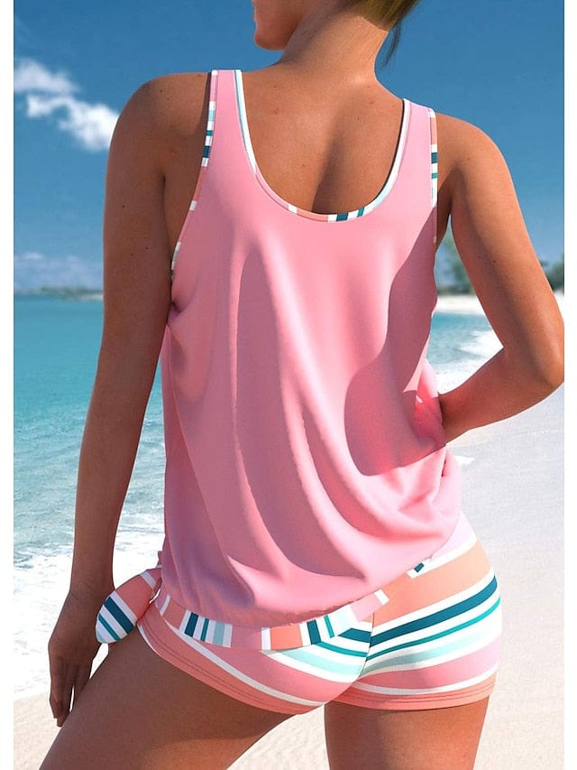 Striped Pink Tankini Swimsuit Set for Women