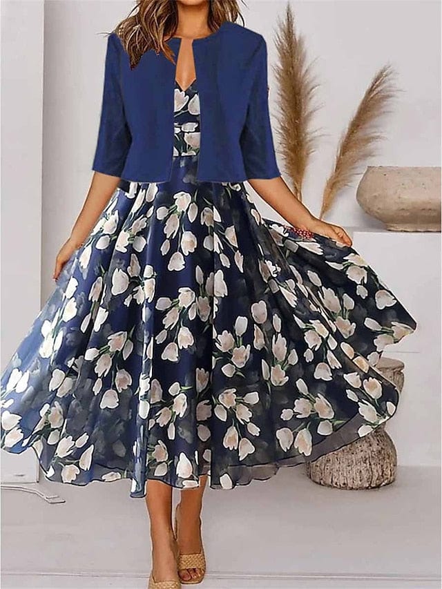 Elegant Floral Print Chiffon Two-Piece Dress Set
