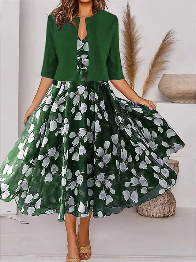 Elegant Floral Print Chiffon Two-Piece Dress Set