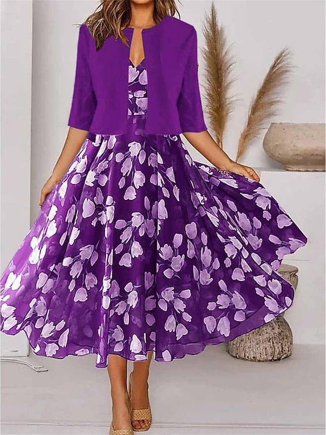 Elegant Floral Print Chiffon Two-Piece Dress Set