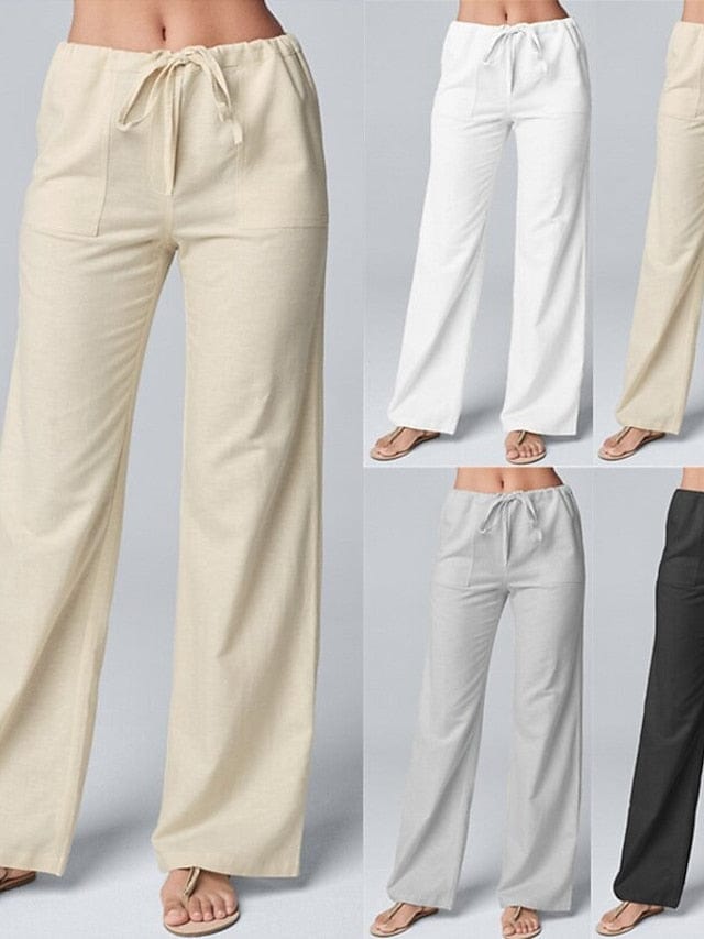 Wide Leg Cotton Faux Linen Pants with Side Pockets for Women