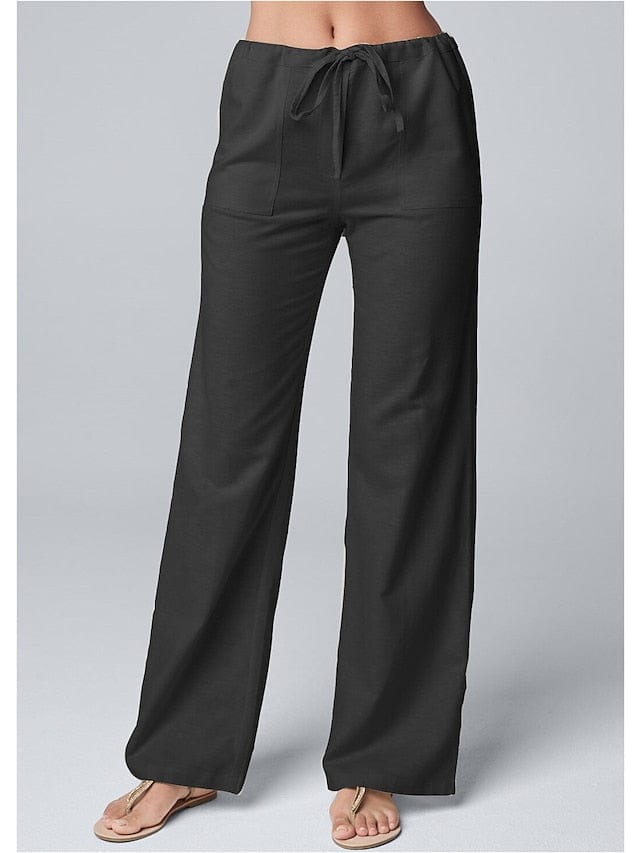 Wide Leg Cotton Faux Linen Pants with Side Pockets for Women