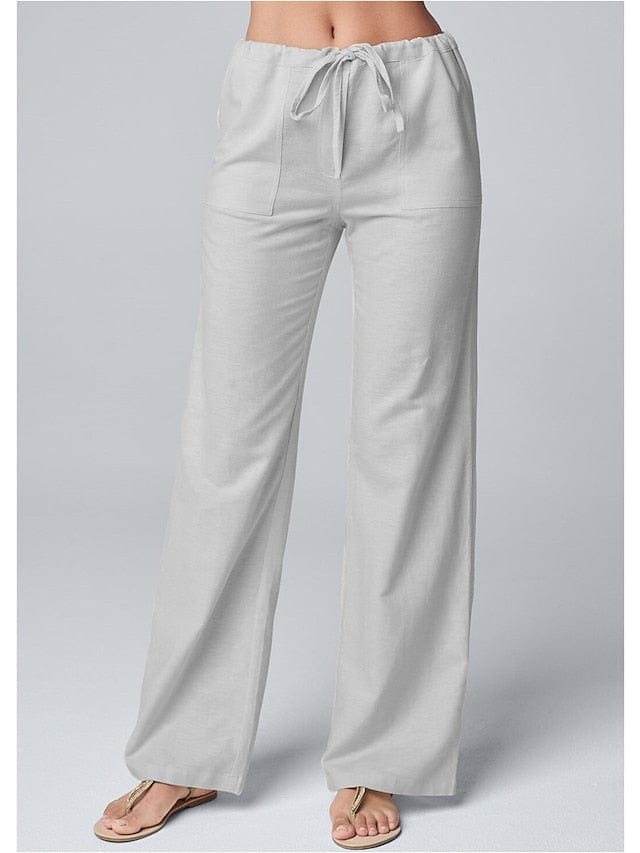 Wide Leg Cotton Faux Linen Pants with Side Pockets for Women