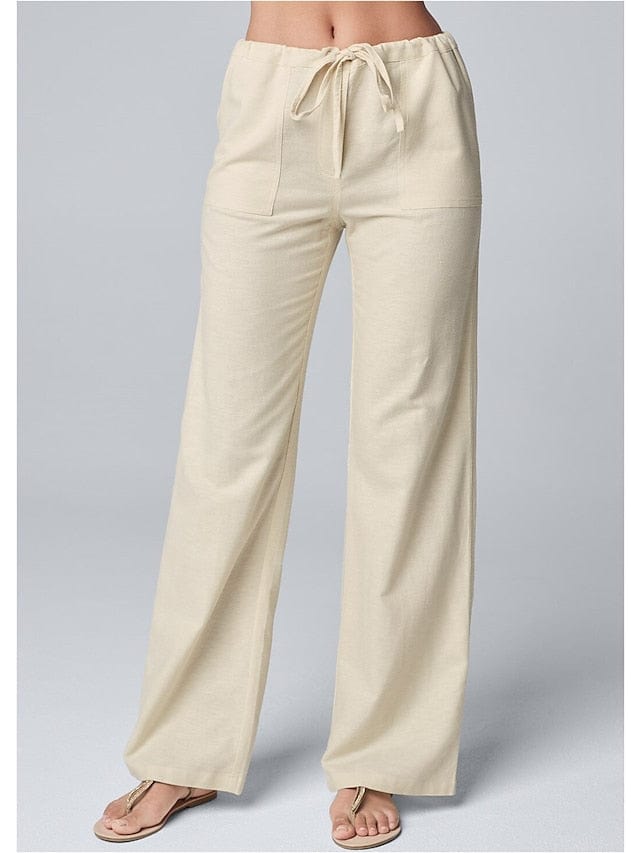 Wide Leg Cotton Faux Linen Pants with Side Pockets for Women