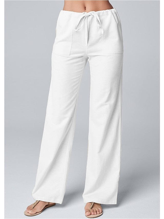 Wide Leg Cotton Faux Linen Pants with Side Pockets for Women