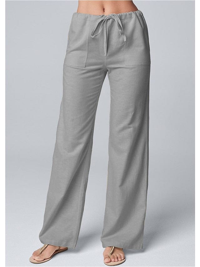 Wide Leg Cotton Faux Linen Pants with Side Pockets for Women