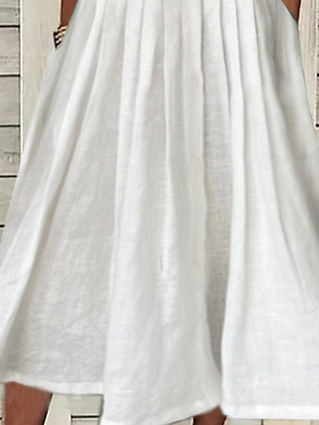 Versatile Women's Cotton Linen Midi Dress with V Neck and Pockets