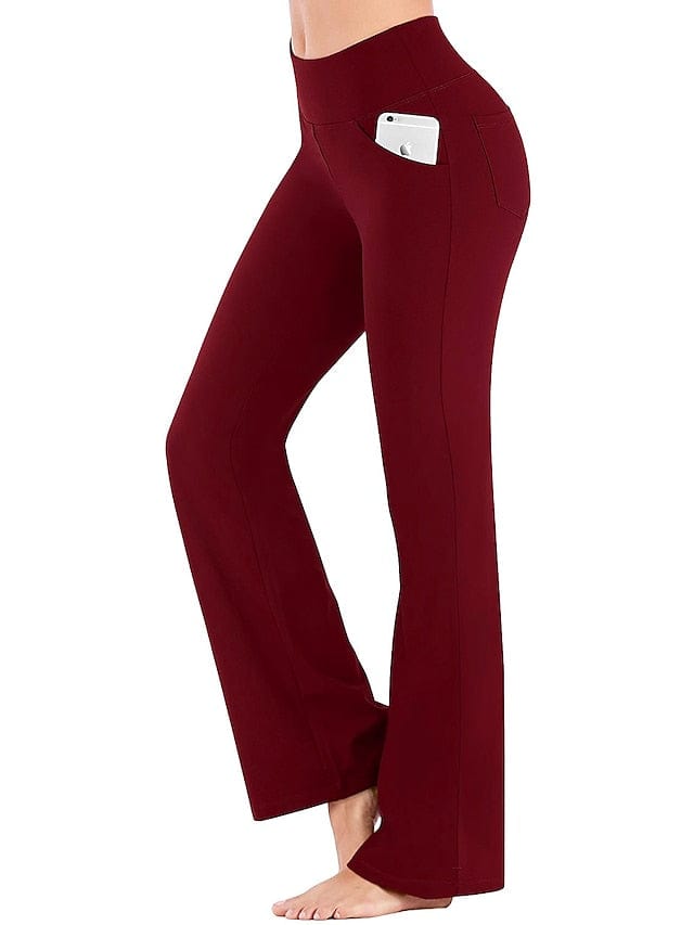 Women's Dark Grey Wine Bootcut Yoga Leggings with Tummy Control and Pockets