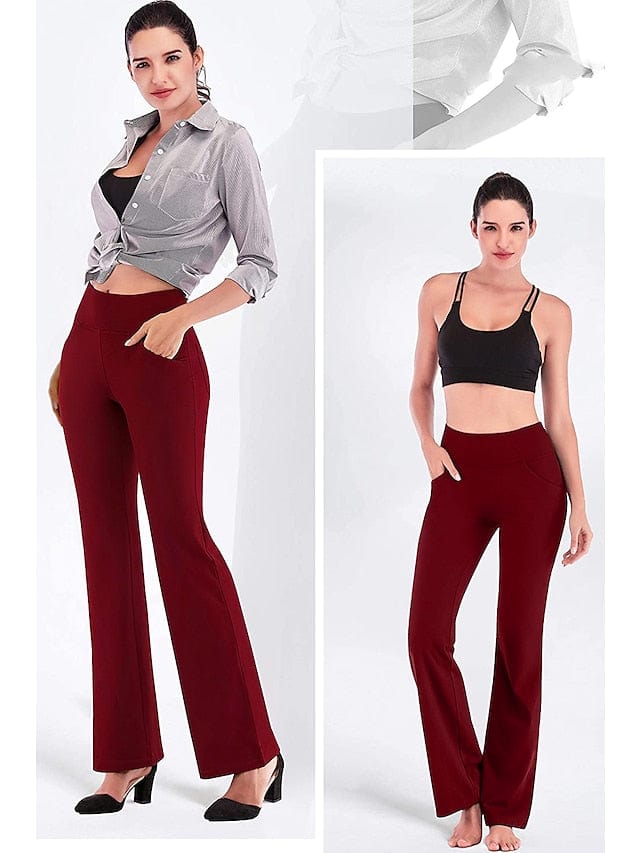 Women's Dark Grey Wine Bootcut Yoga Leggings with Tummy Control and Pockets