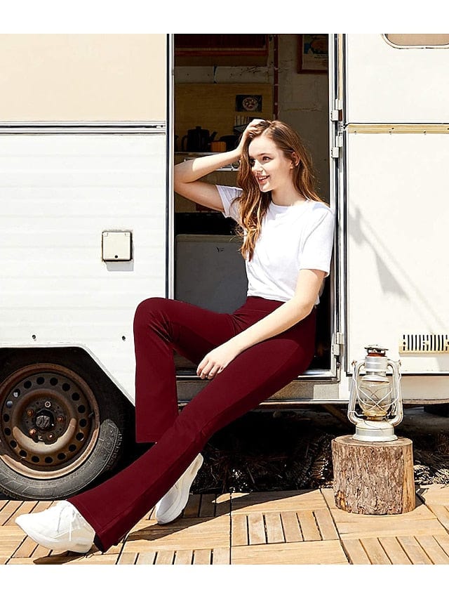 Women's Dark Grey Wine Bootcut Yoga Leggings with Tummy Control and Pockets