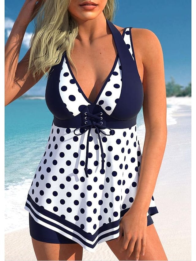Striped Pink and Navy Blue 2 Piece Tankini Swimsuit for Women
