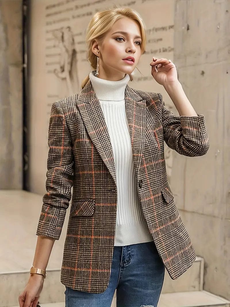 Plaid Print Casual Lapel Long Sleeve Blazer With Pocket for Women