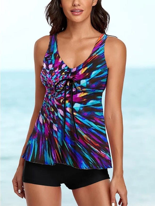 Graphic Blue Purple 2 Piece Tankini Swimsuit