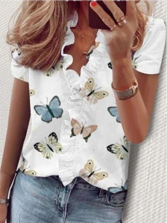 Ruffle Short Sleeve Butterfly Print Blouses