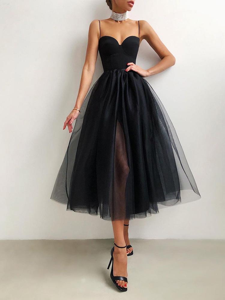 Spaghetti Strap Plain Sheer Mesh Evening Dress