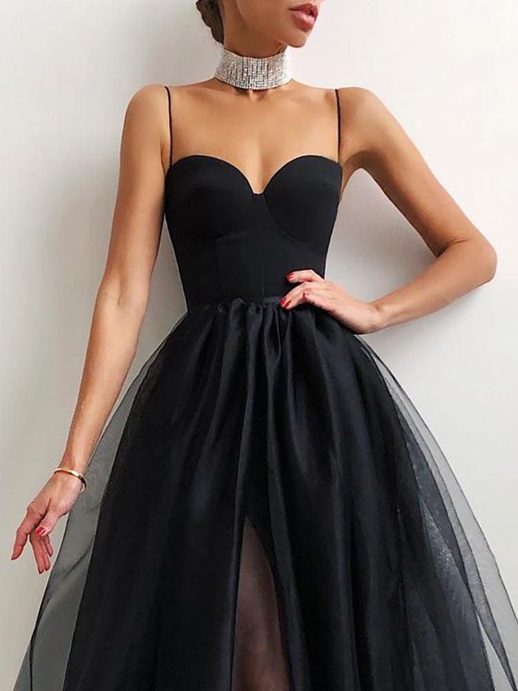 Spaghetti Strap Plain Sheer Mesh Evening Dress