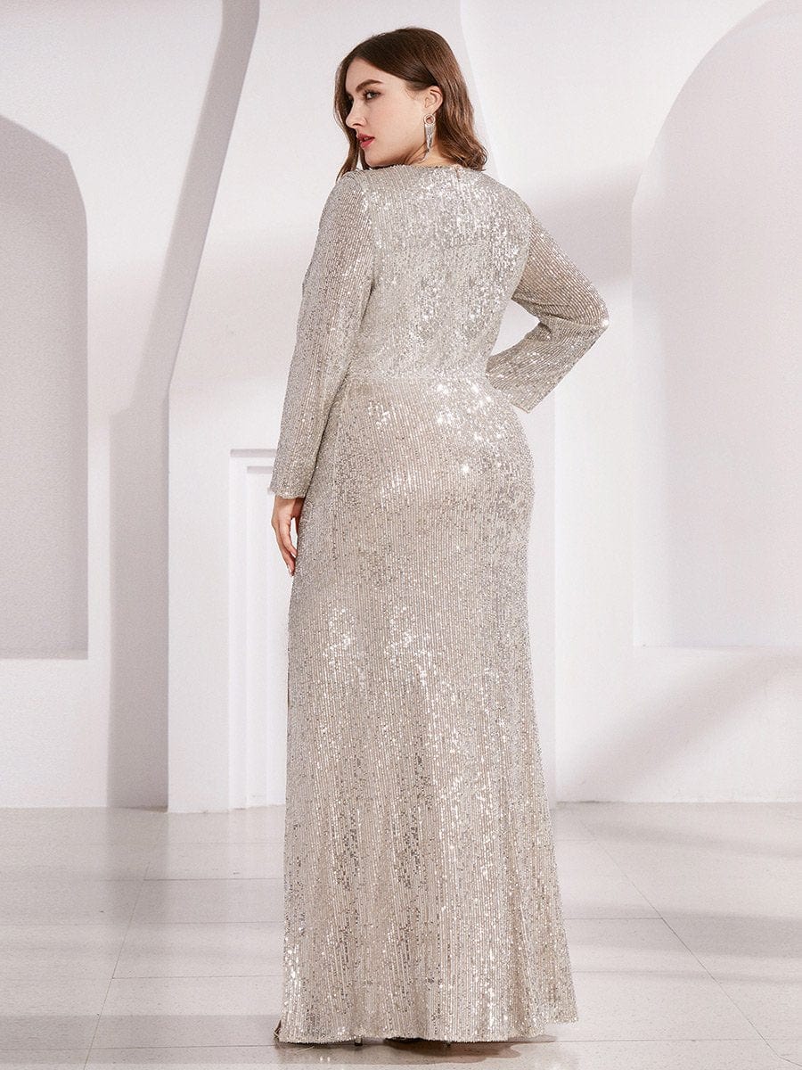 Glamorous Plus Size Sequin Deep V Neck Evening Party Gown