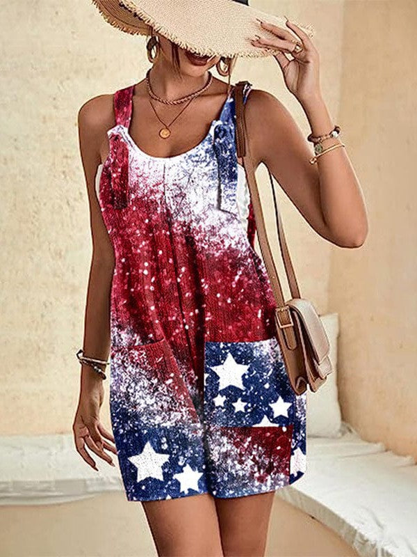 Star Print Women's Jumpsuit with American Flag Sleeveless Design