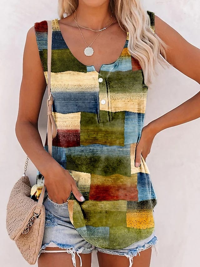 Stylish Geometric Print Women's Tank Top with Button Sleeveless Design