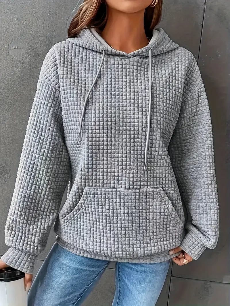 Waffle Grid Kangaroo Pocket Hoodie, Long Sleeve Drawstring Hoodies for Women