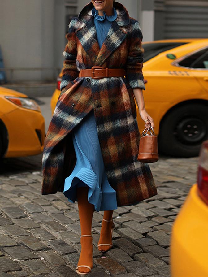Women's Coats Plaid Lapel Double-Breasted Woolen Long Coat