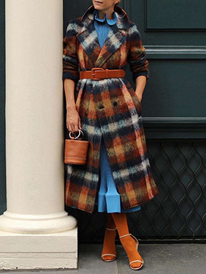 Women's Coats Plaid Lapel Double-Breasted Woolen Long Coat
