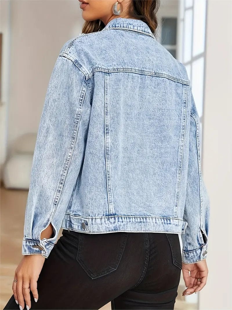 Women's Distressed Blue Denim Jacket with Flap Pockets and Lapel - Stylish Long Sleeve Coat