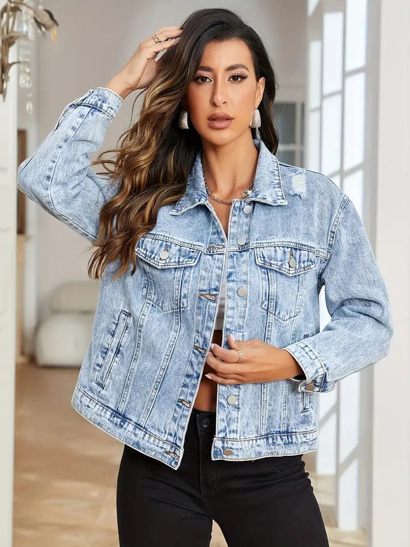 Women's Distressed Blue Denim Jacket with Flap Pockets and Lapel - Stylish Long Sleeve Coat