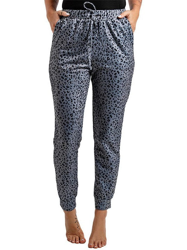 Women's High-Waisted Leopard Print Casual Pants with Elasticated Ankles
