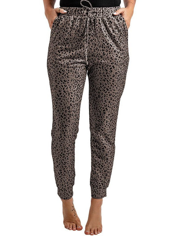 Women's High-Waisted Leopard Print Casual Pants with Elasticated Ankles