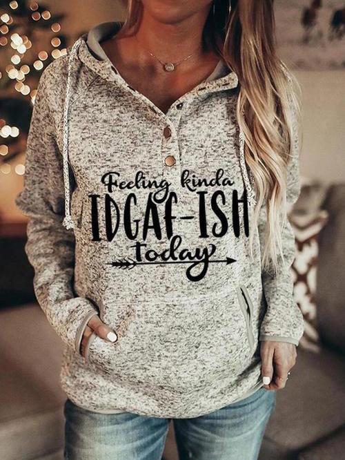 Women's Hoodies Letter-Print Drawstring Button Hoodie