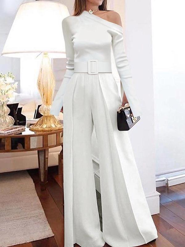 Women's Jumpsuits Long Sleeve One-Shoulder Lace-Up Wide Leg Jumpsuit