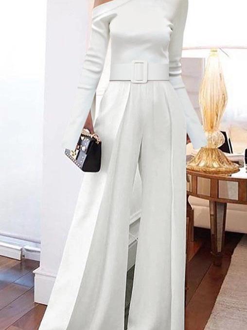 Women's Jumpsuits Long Sleeve One-Shoulder Lace-Up Wide Leg Jumpsuit