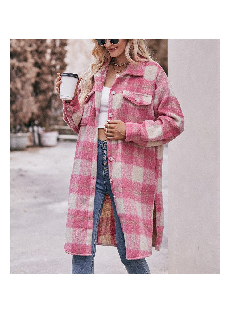 Women's long woolen coat with plaid coat