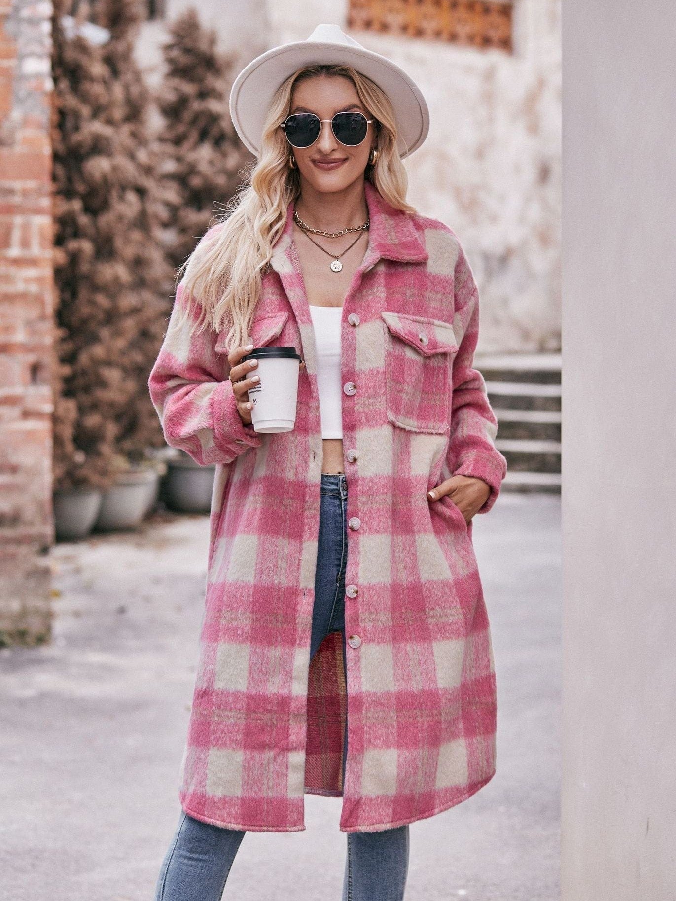 Women's long woolen coat with plaid coat
