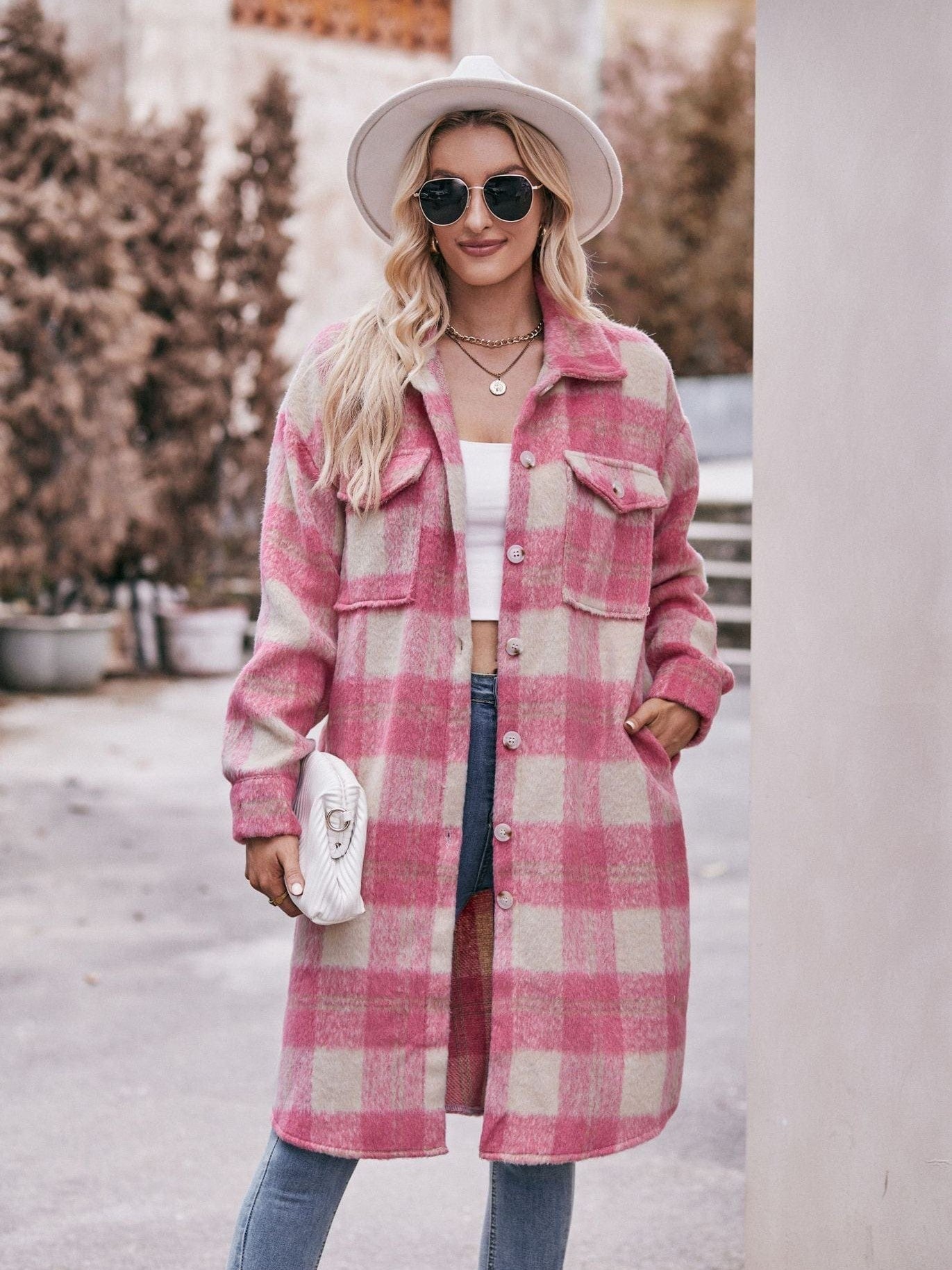 Women's long woolen coat with plaid coat