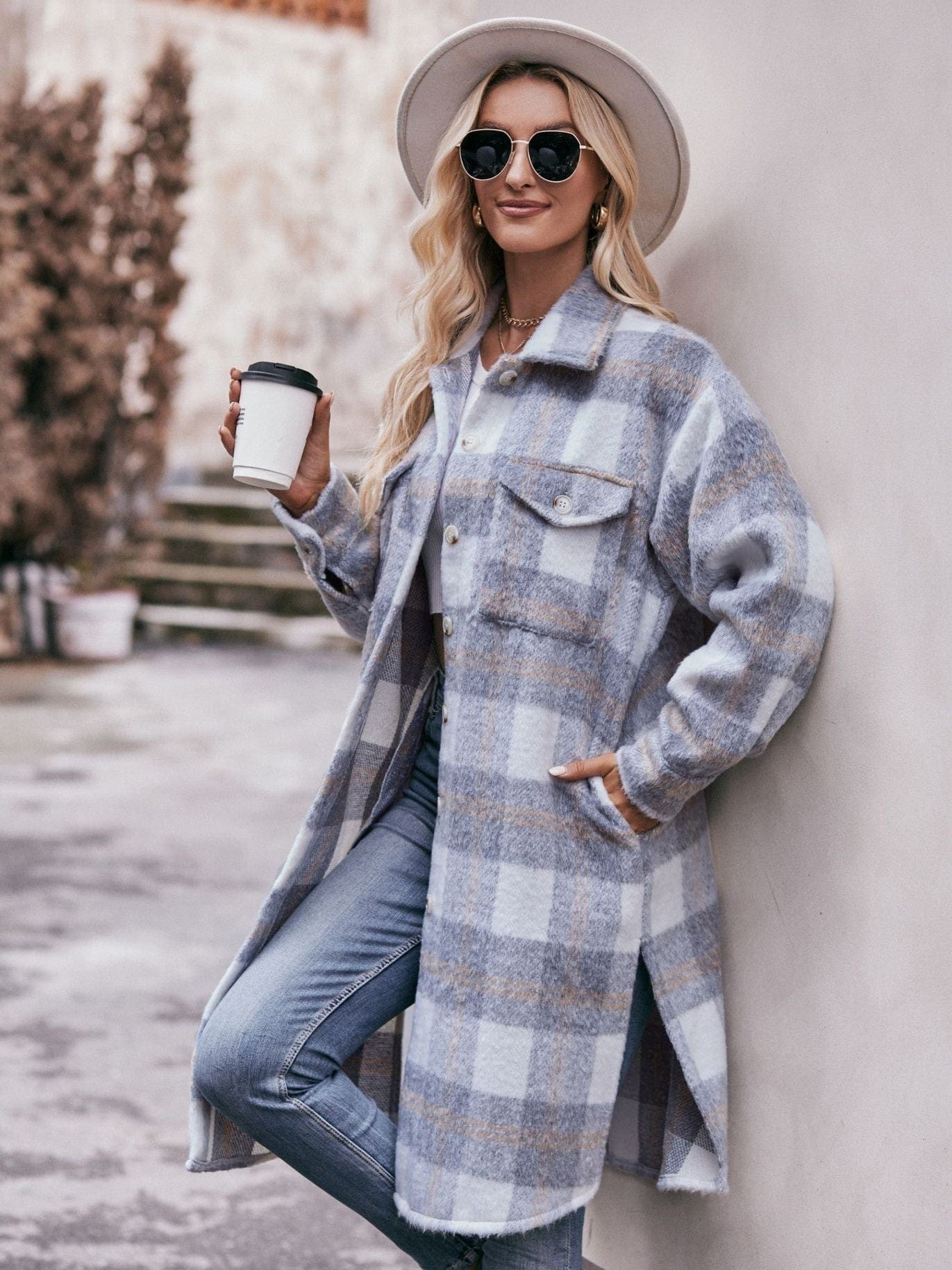 Women's long woolen coat with plaid coat