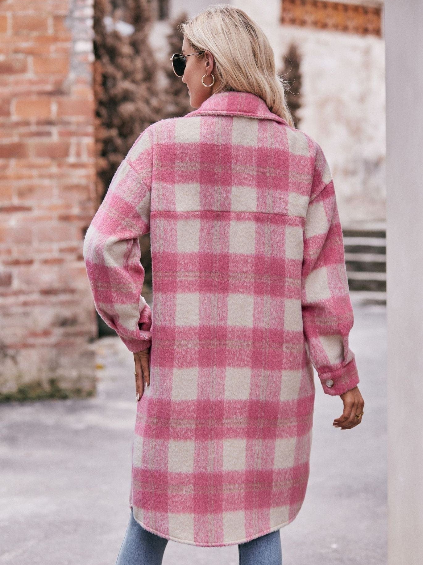 Women's long woolen coat with plaid coat