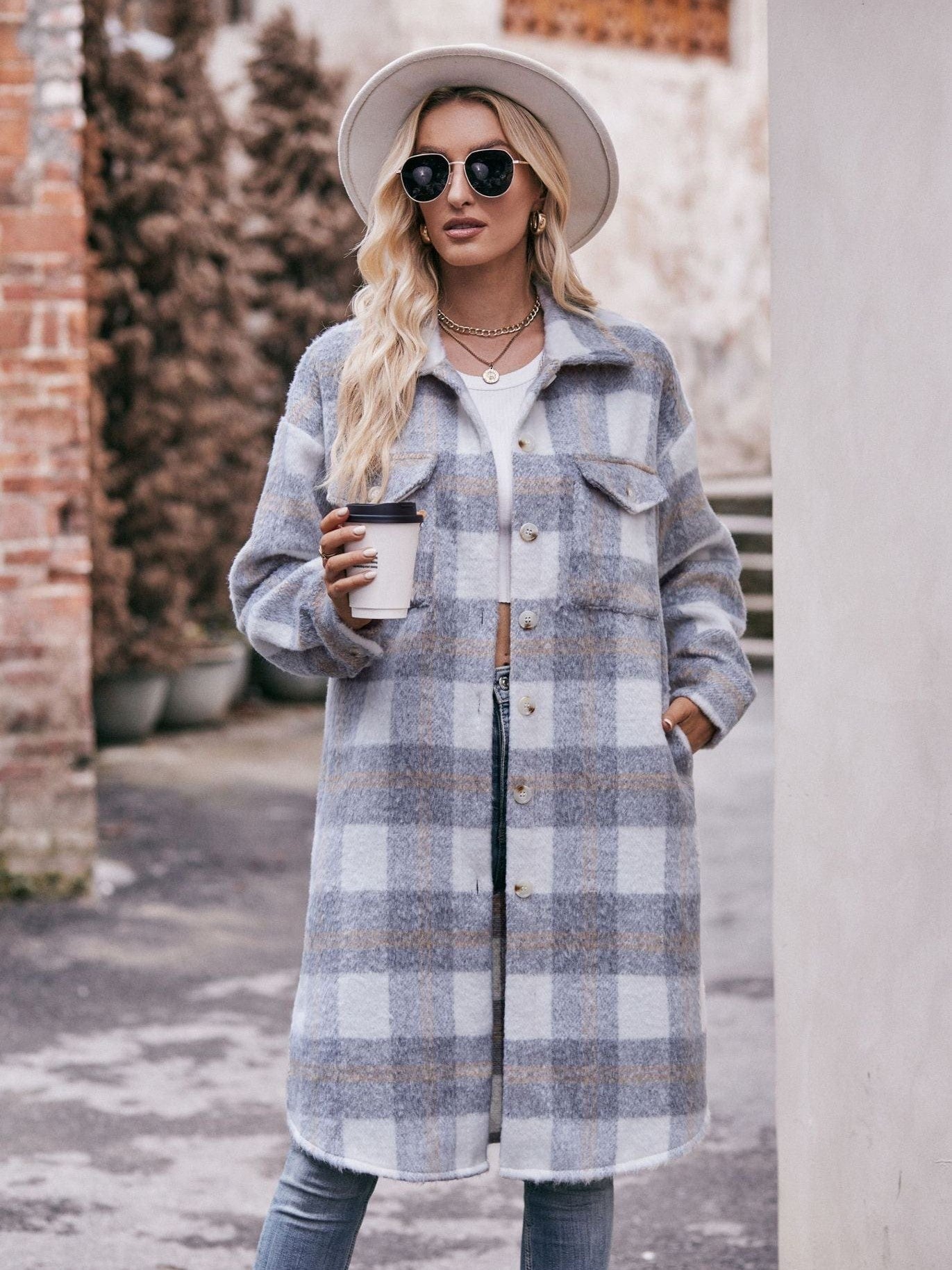 Women's long woolen coat with plaid coat