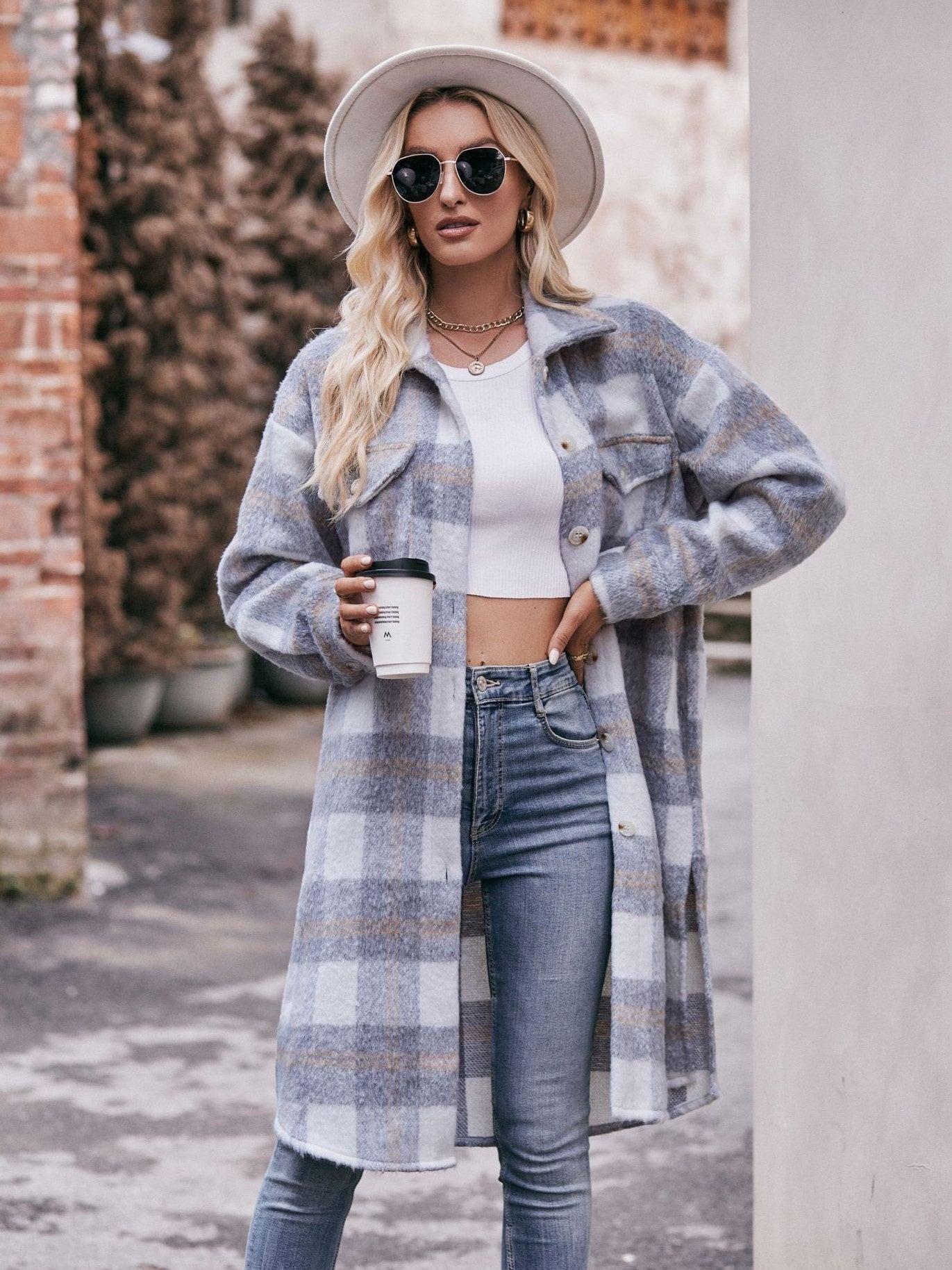Women's long woolen coat with plaid coat
