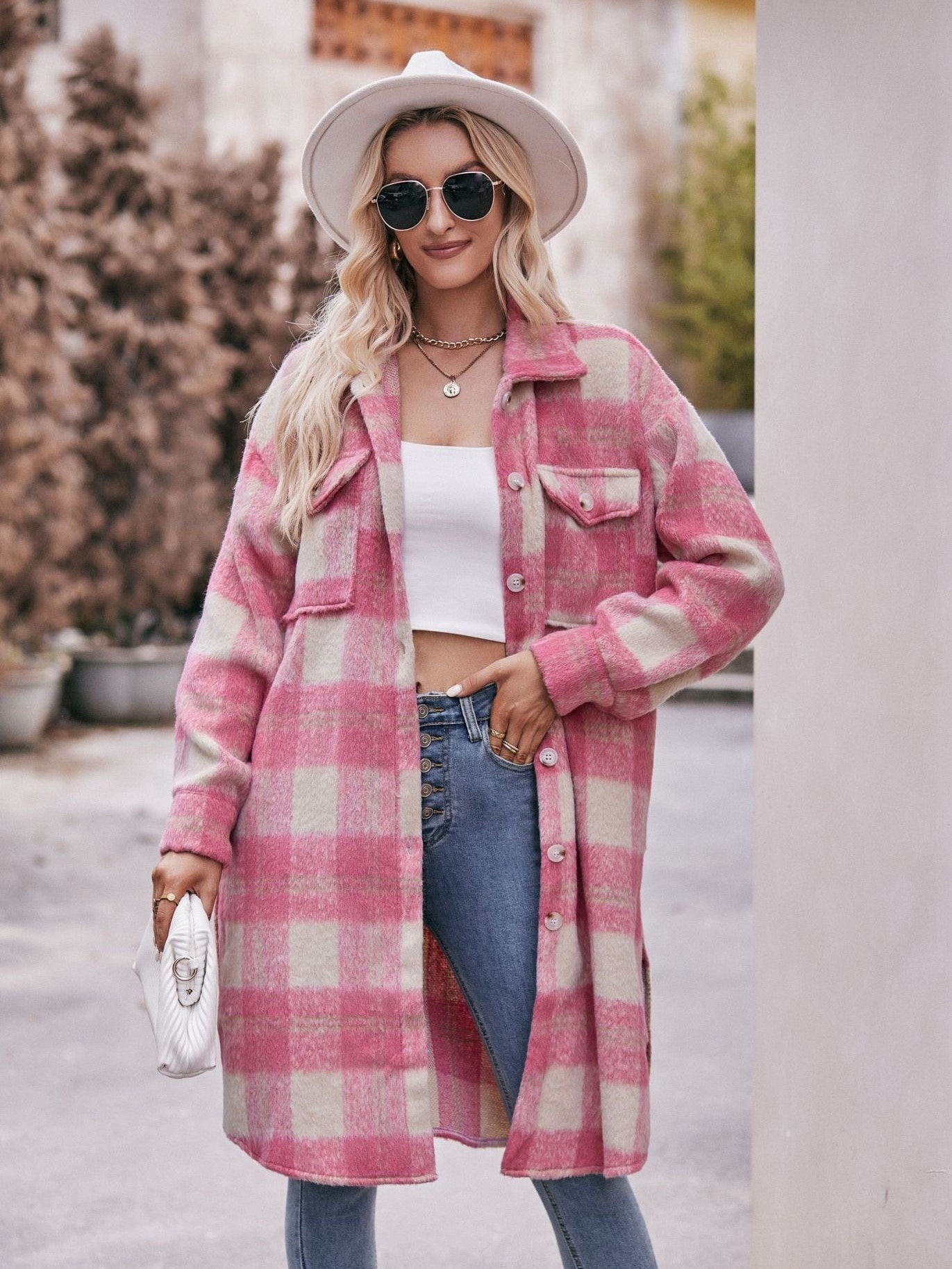 Women's long woolen coat with plaid coat