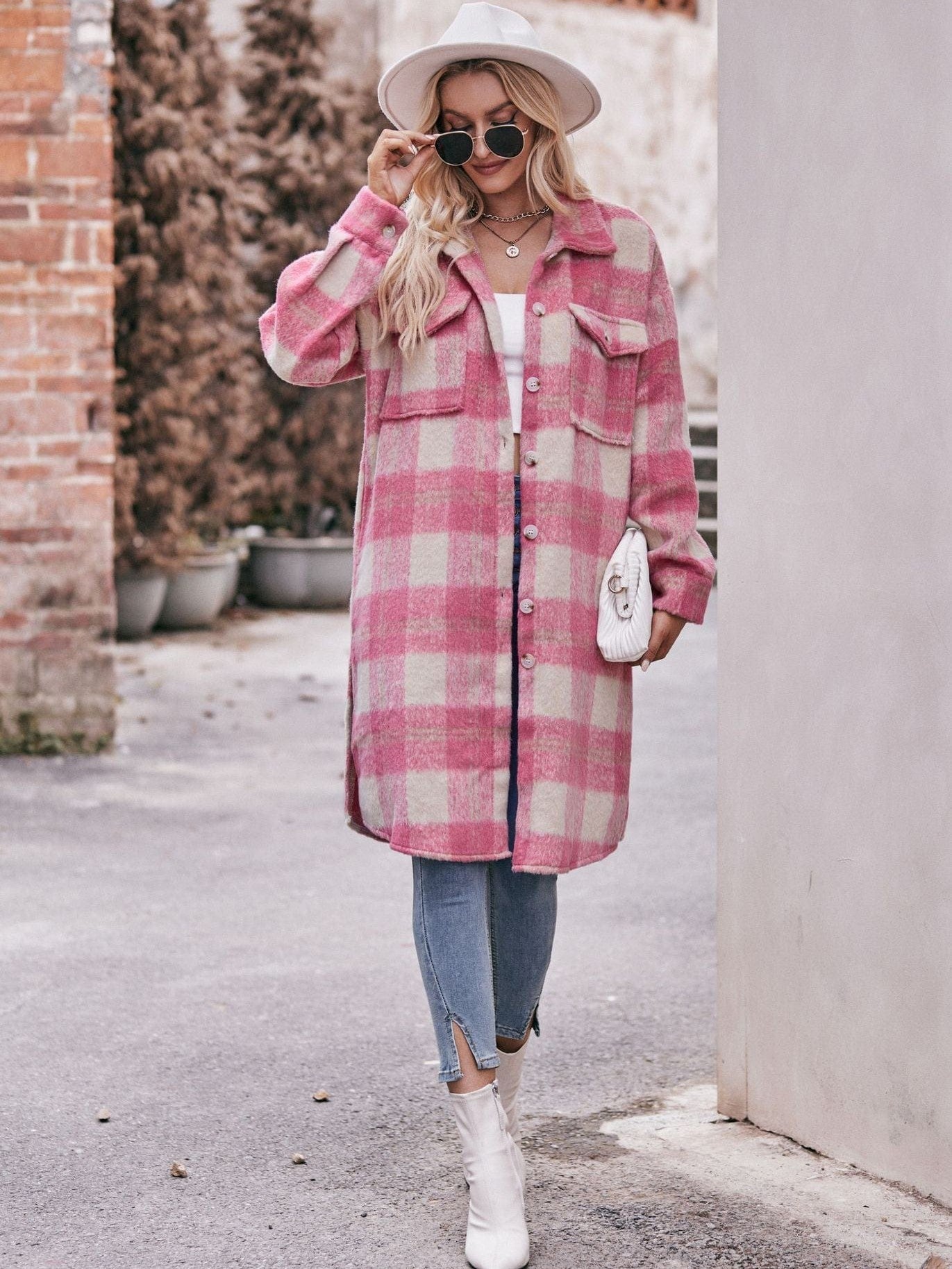 Women's long woolen coat with plaid coat