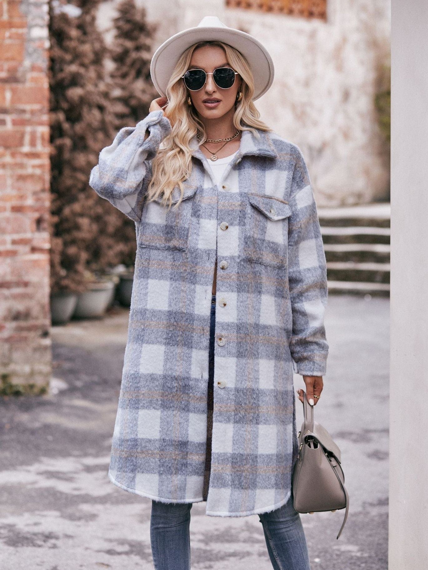 Women's long woolen coat with plaid coat