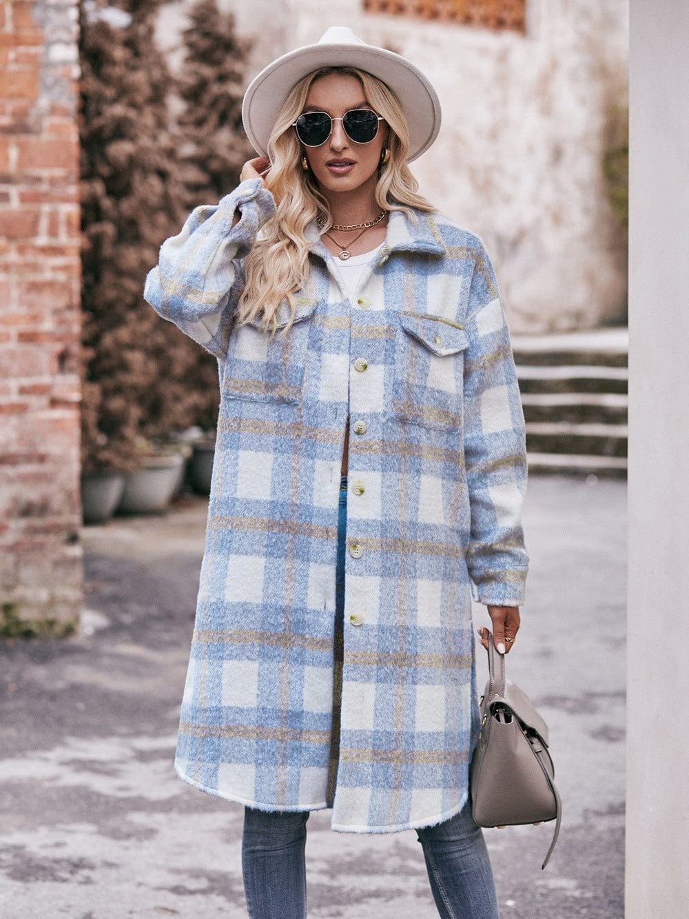 Women's long woolen coat with plaid coat