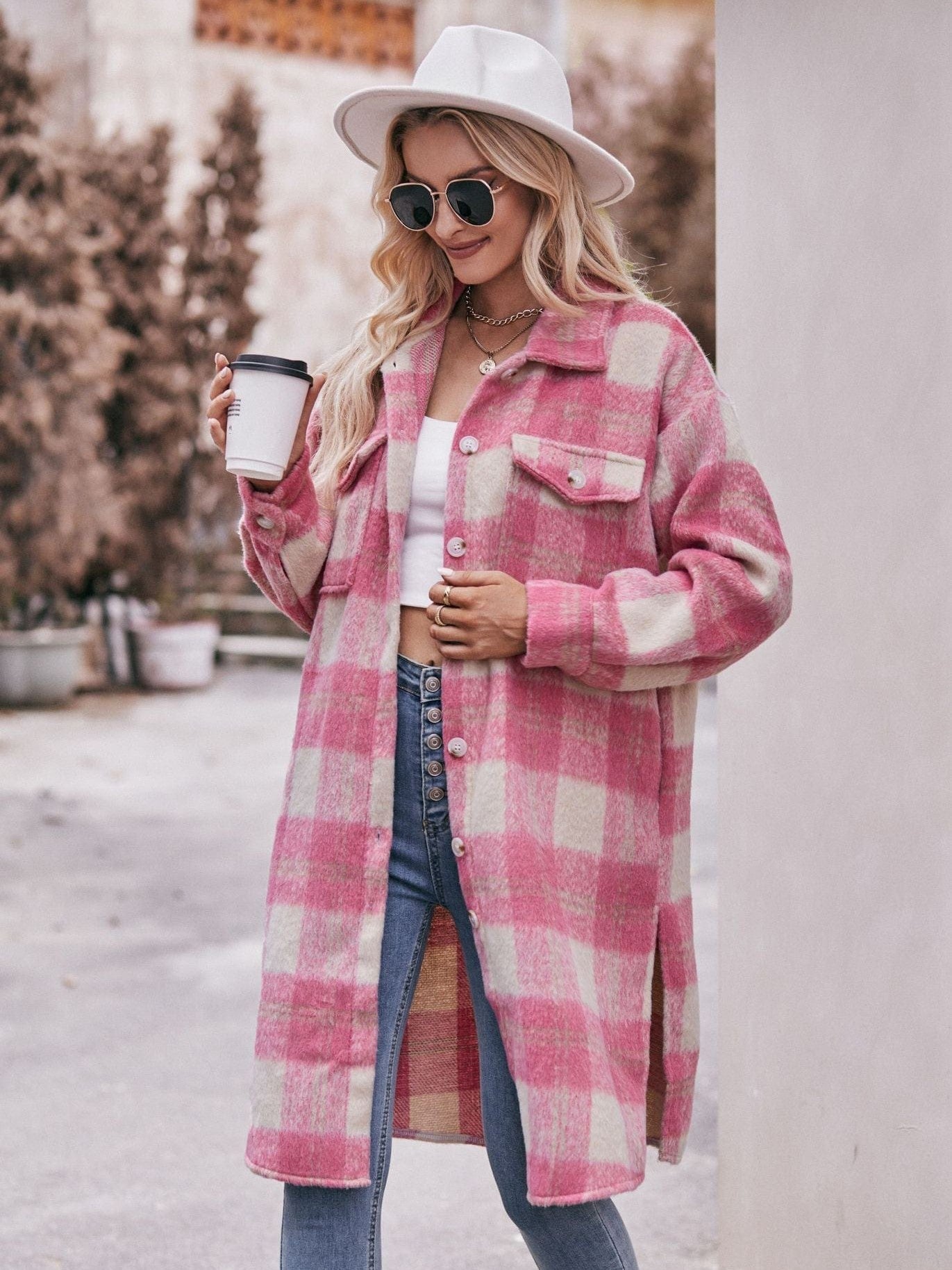 Women's long woolen coat with plaid coat