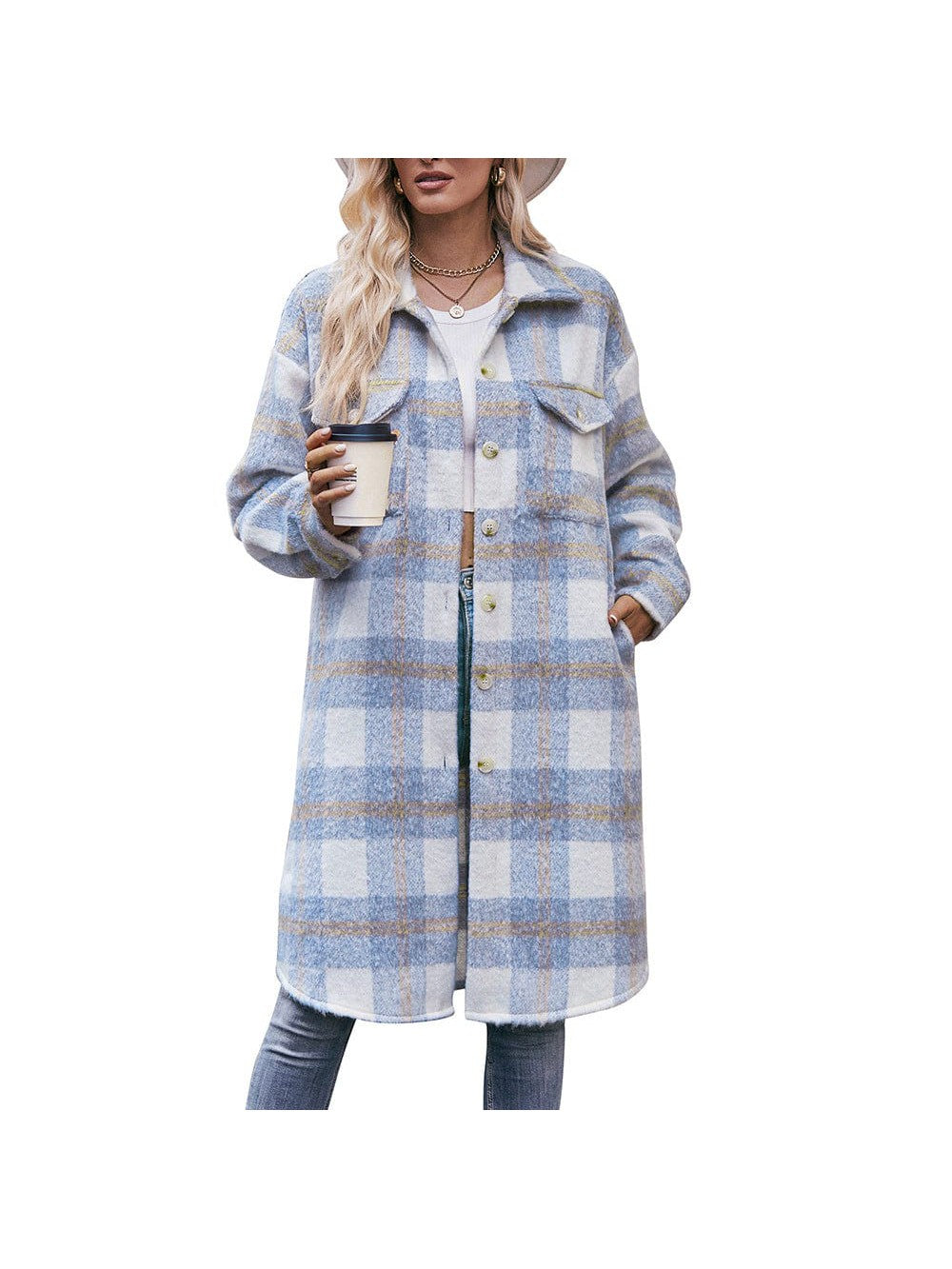 Women's long woolen coat with plaid coat