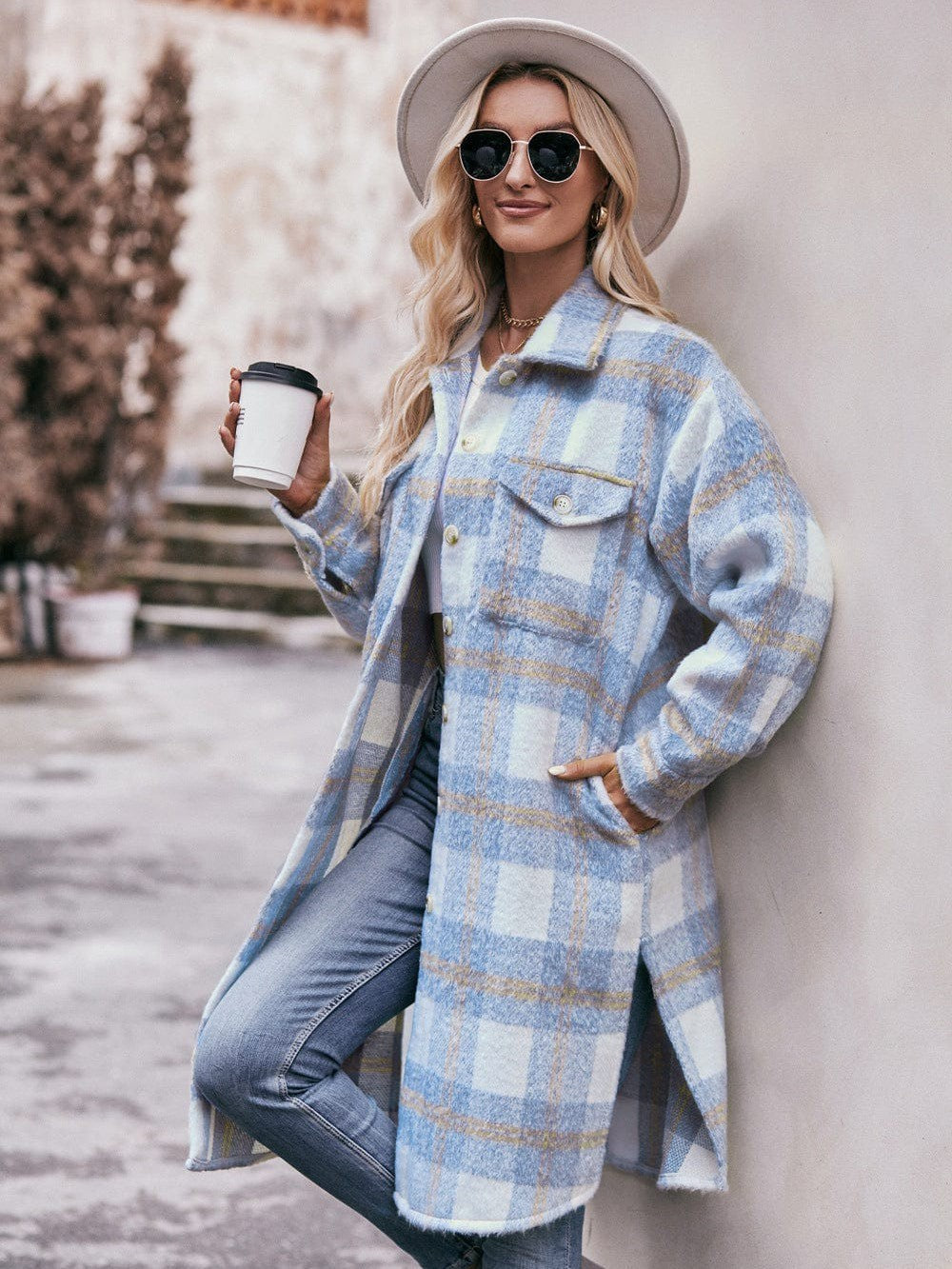 Women's long woolen coat with plaid coat
