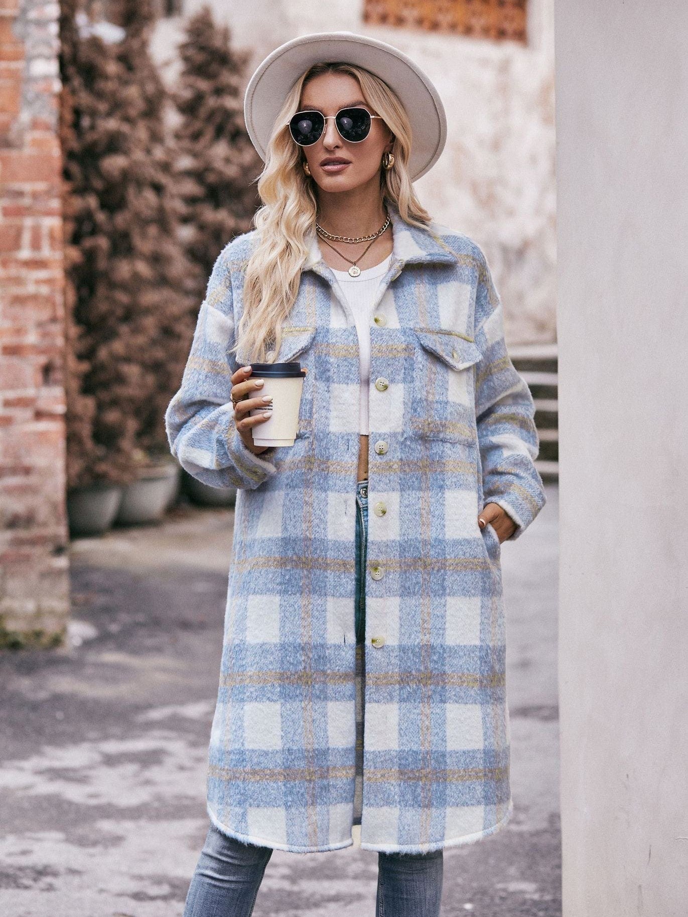 Women's long woolen coat with plaid coat